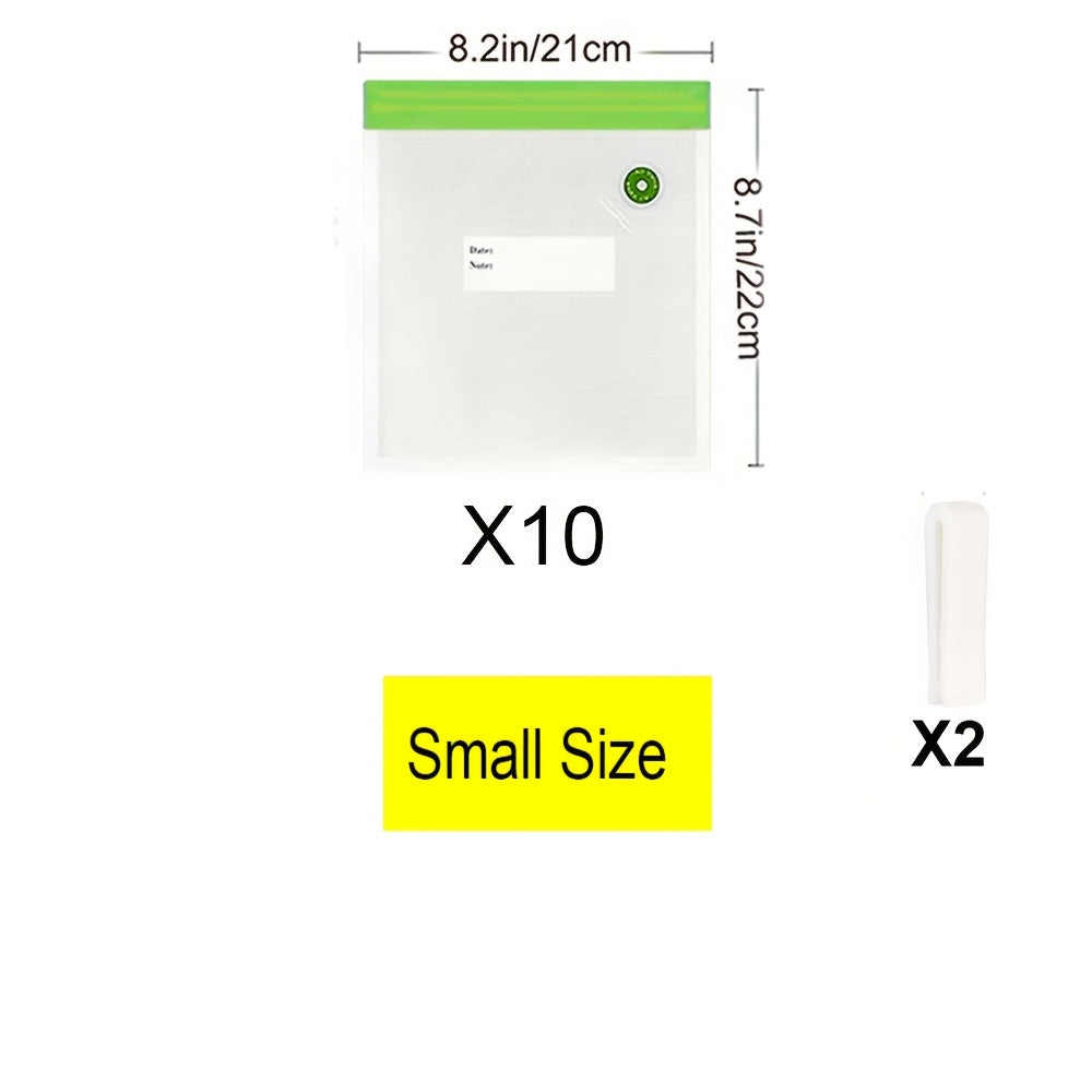 12-pack vacuum food storage bags with zipper, includes 10 bags 2 clips