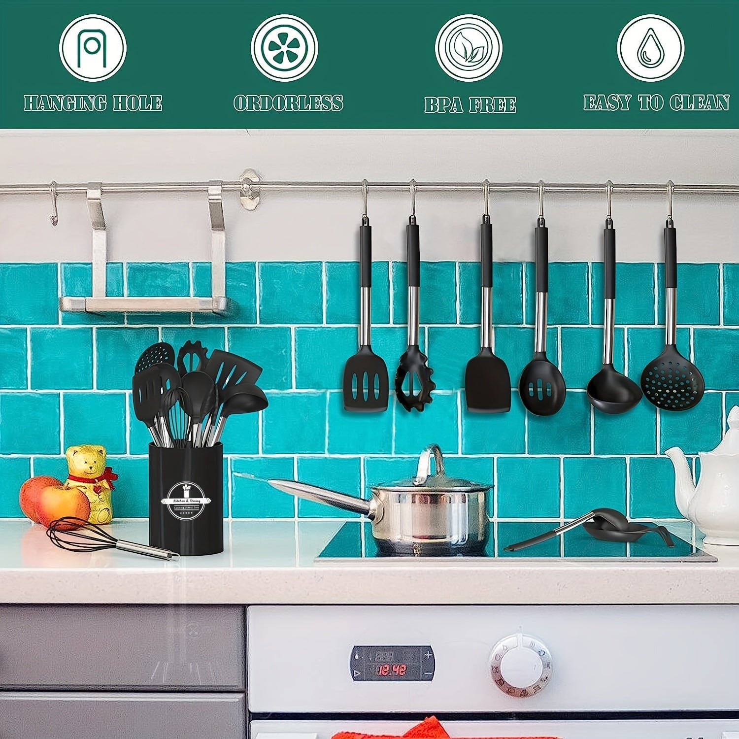 Set of 43 Silicone Kitchen Utensils with Stainless Steel Handles and Storage Bucket