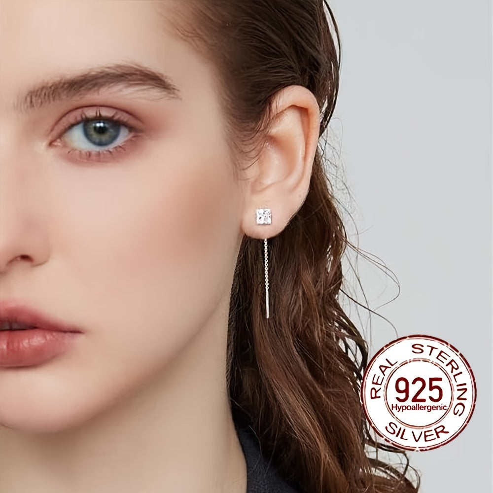 Sterling Silver Hypoallergenic Cube Earrings with Zirconia Dangle Chain Design