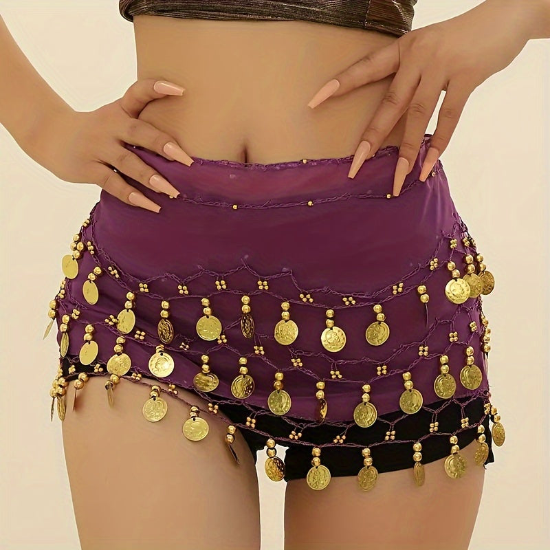 Qizil paxta aralashmasidan tayyorlangan va oltin payetlar va marvaridlar bilan bezatilgan vintage uslubidagi hip sharf - chiqishlar va qorin raqsi kiyimlari uchun ideal.