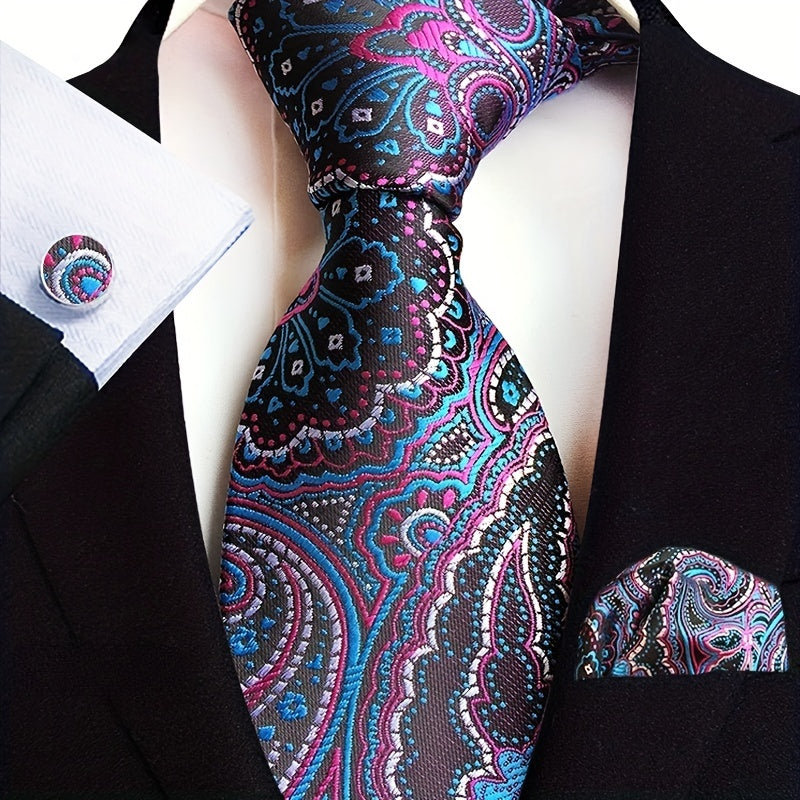 Set of 3 Paisley Jacquard Woven Neckties with Cufflinks and Pocket Squares for Men
