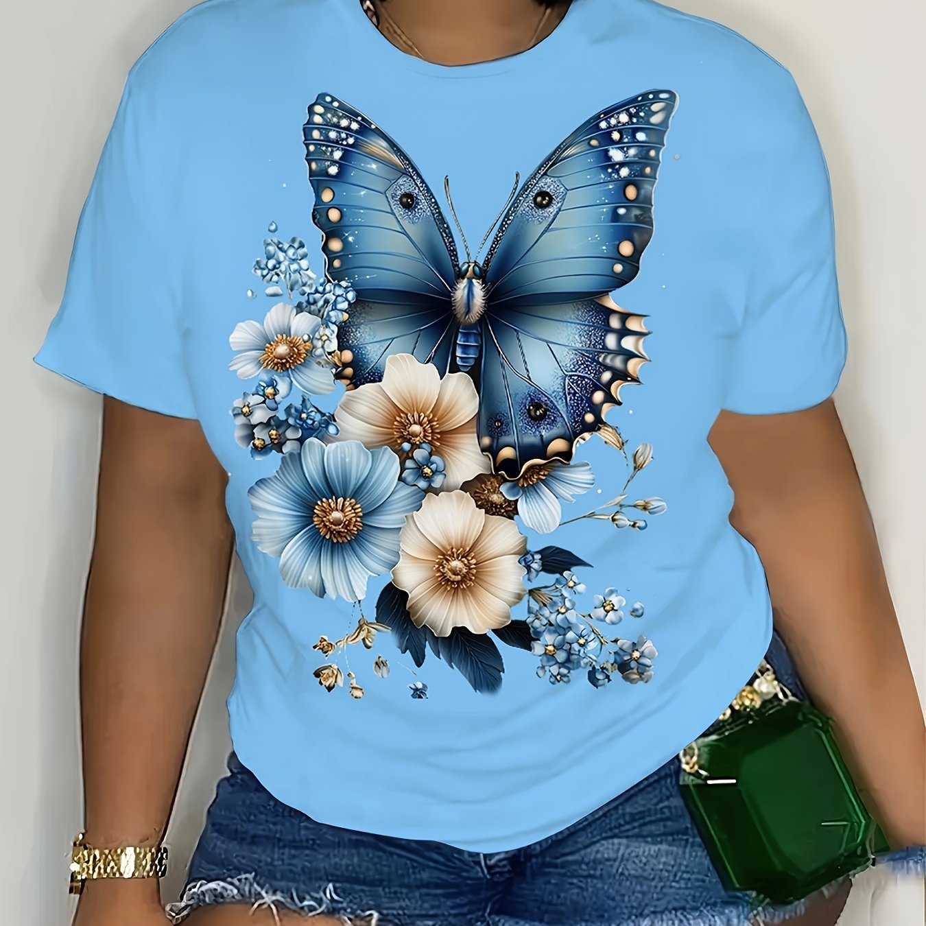 Plus Size Women Floral Print T-Shirt Crew Neck Short Sleeve Summer Top