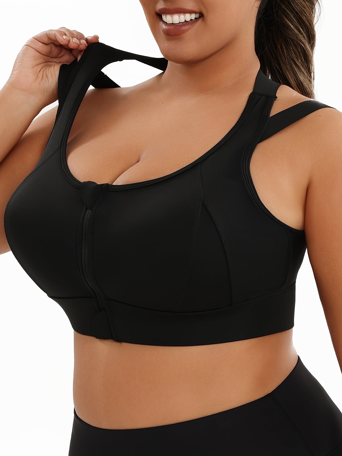 Women Plus Size Sports Bra with Cross Back Removable Pads and Front Zipper Black