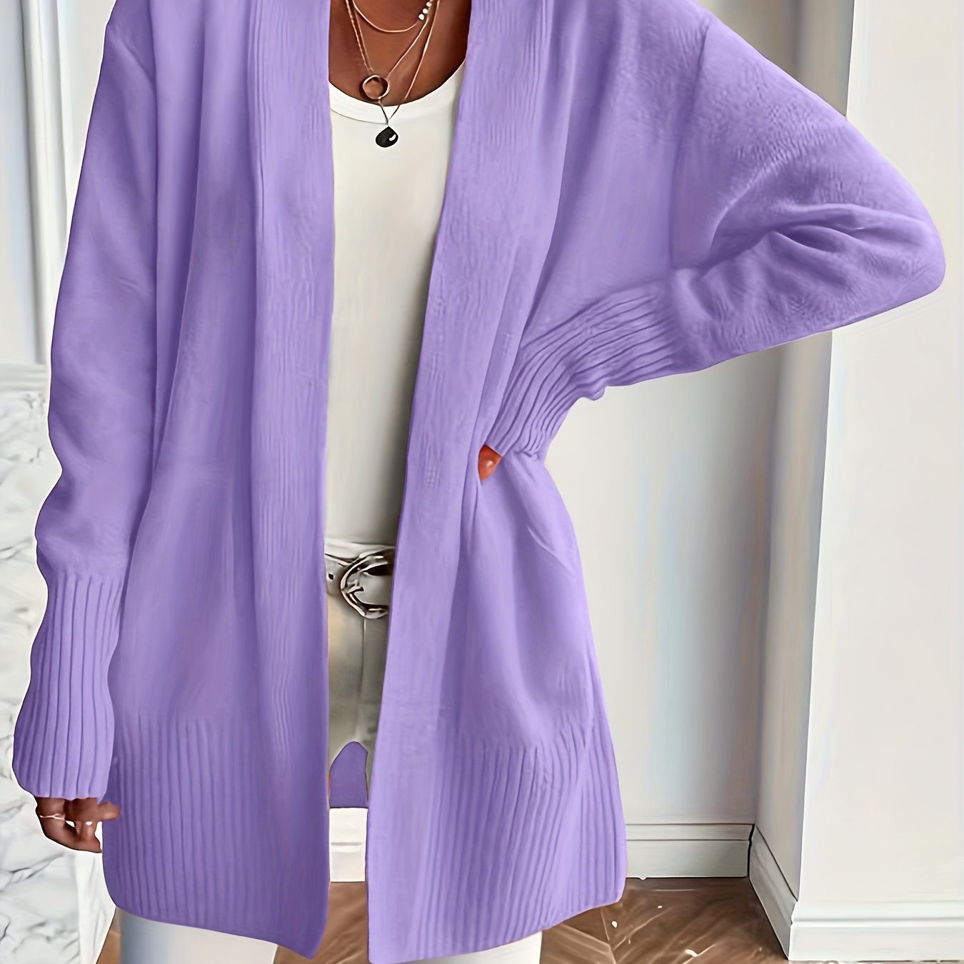 Women's Long Sleeve Knit Cardigan with Open Front and Pockets Fall Winter Solid Color Loose Fit