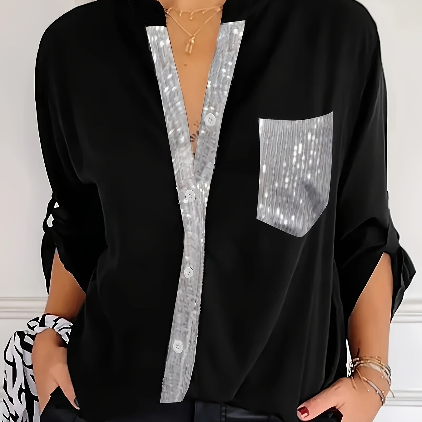Women's Polyester Long-Sleeve Button-Up Shirt with Patch Pockets Casual All-Season