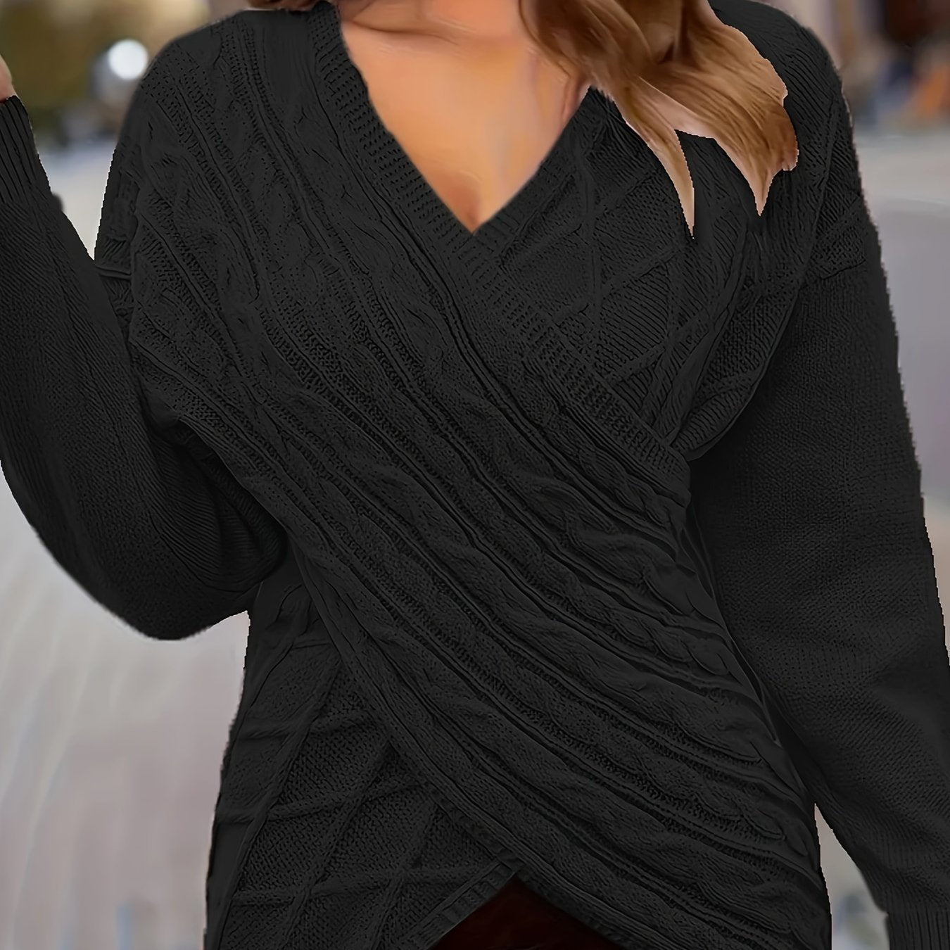 Plus Size Women's Sweater Solid Cable Long Sleeve V Neck Jumper