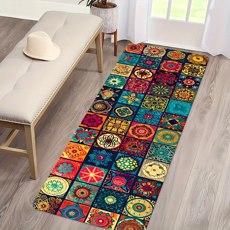 Bohemian Square Floor Mat Non-Slip 8mm Thick Polyester Indoor Outdoor