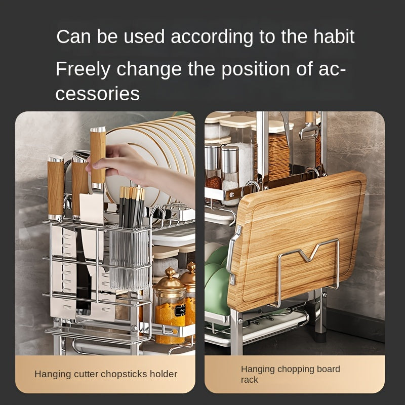 Organizador de cocina de acero inoxidable, estante para platos de 2 niveles con sistema de drenaje