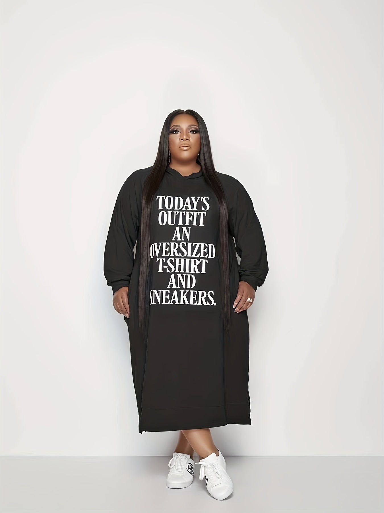 Plus Size Women's Casual Sweatshirt Dress Long Sleeve Hoodie Pockets