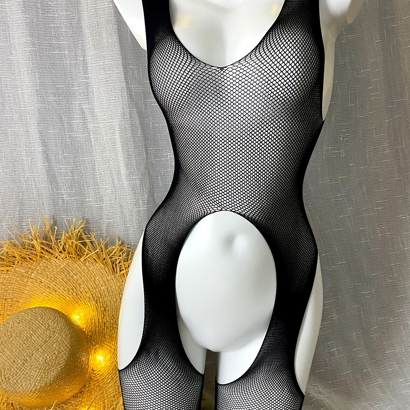 Plus Size Sleeveless Bodysuit with Hollow-Out Detail Stretch Nylon Sheer Women's