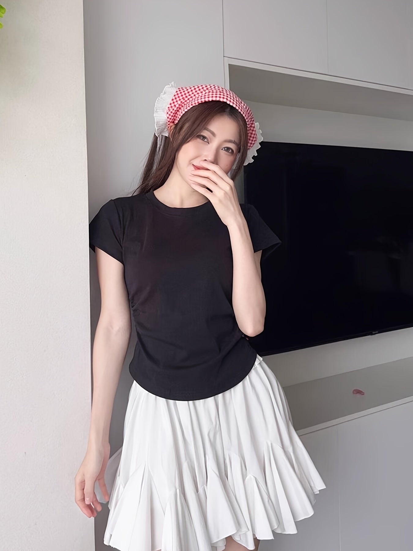 Women's Cotton Y2K Style T-Shirt Crew Neck Short Sleeve Solid Color with Frill Detail