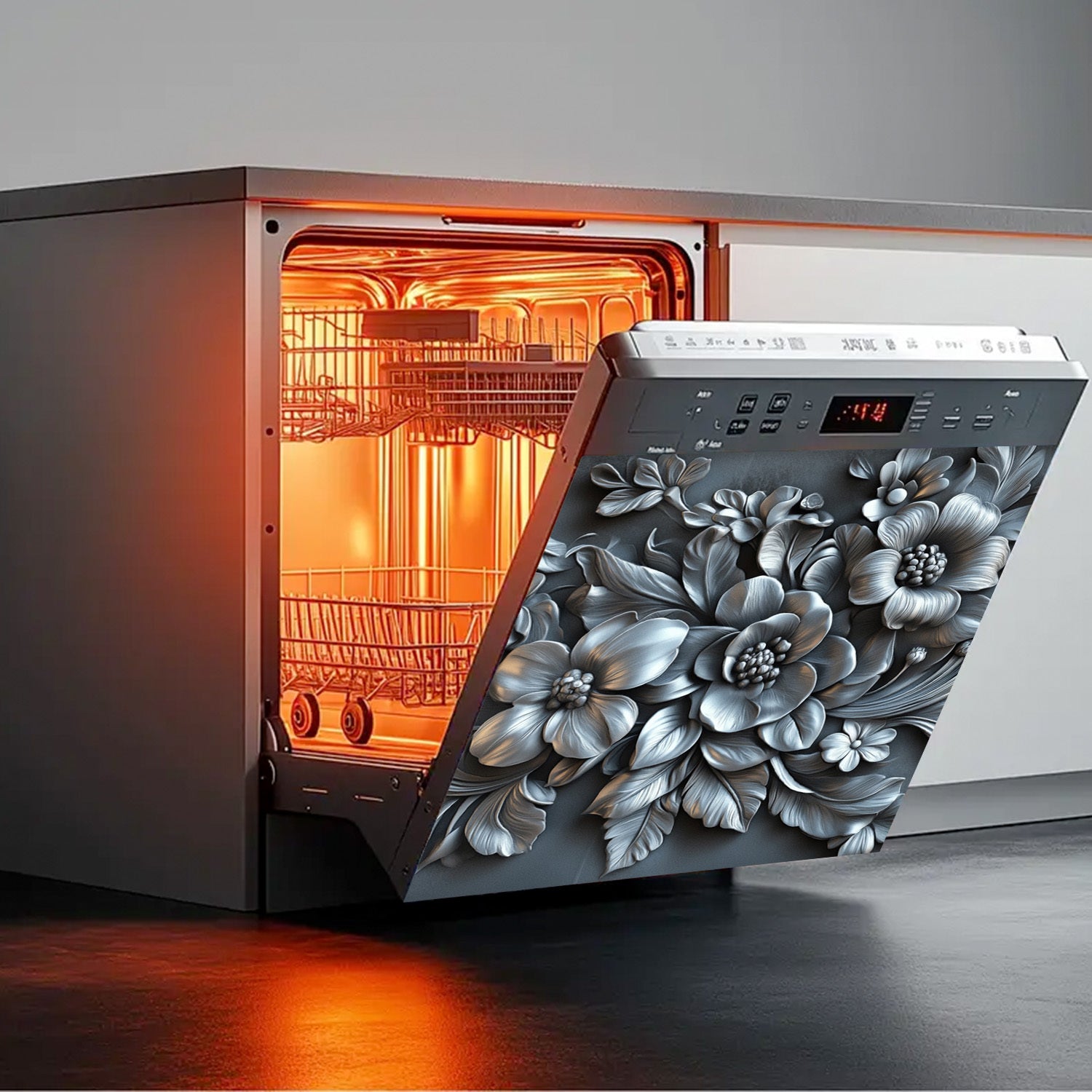 3D Relief Silvery Flower Dishwasher Magnetic Cover Waterproof Heat-Resistant Metal Panel Sticker 58.5x65 cm