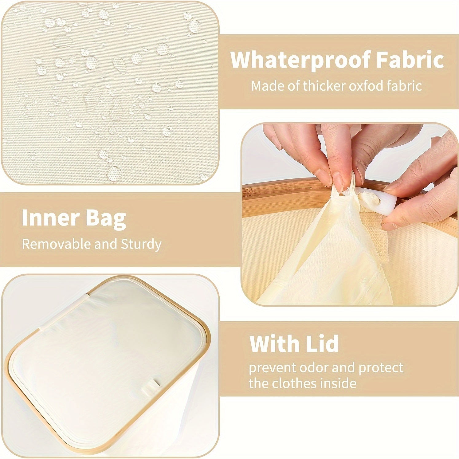 Gran cesta de lavandería de 100L con tapa, asas, plegable, impermeable, bolsa removible para baño, dormitorio, residencia universitaria