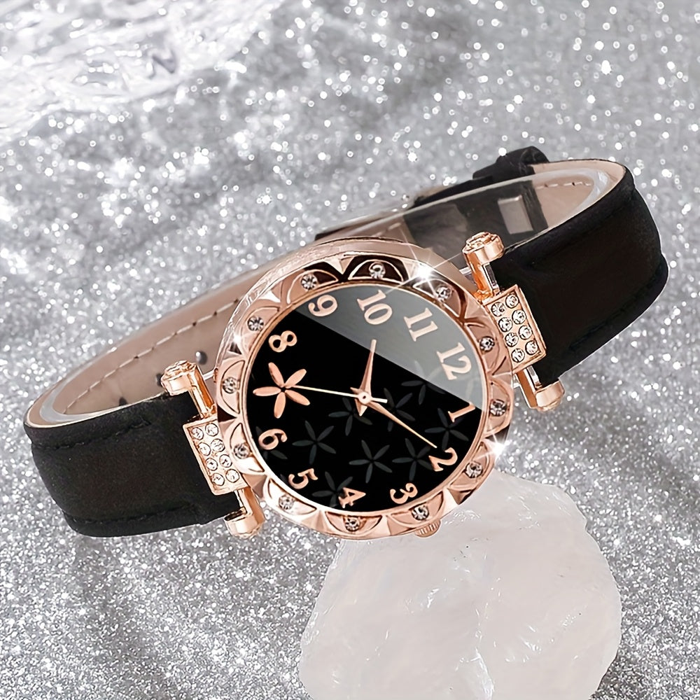 Women's Quartz Watch Set with Rhinestone Heart Dial and PU Leather Strap 3-Piece