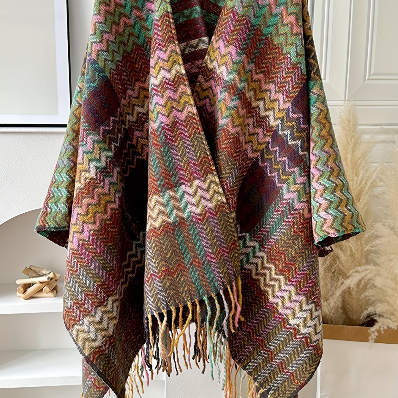 ayollar uchun vintage tekislangan plaid capi tassel kardigan shamol o'tkazmaydigan o'rta uzunlikdagi kurtka