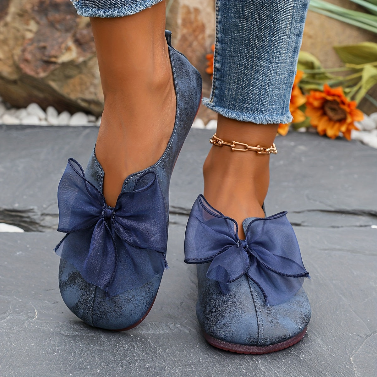 Women's Navy Blue Slip-On Flats with Black Bowknot Leather Upper