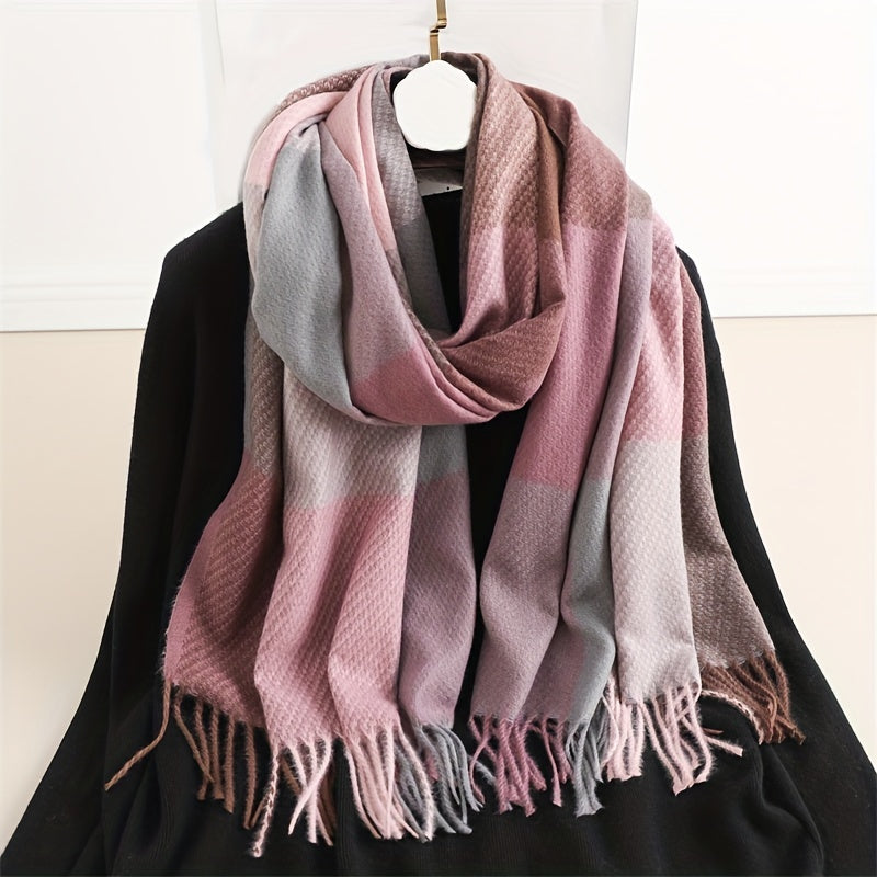 Chal con flecos para otoño e invierno, unisex, de imitación cachemira a cuadros