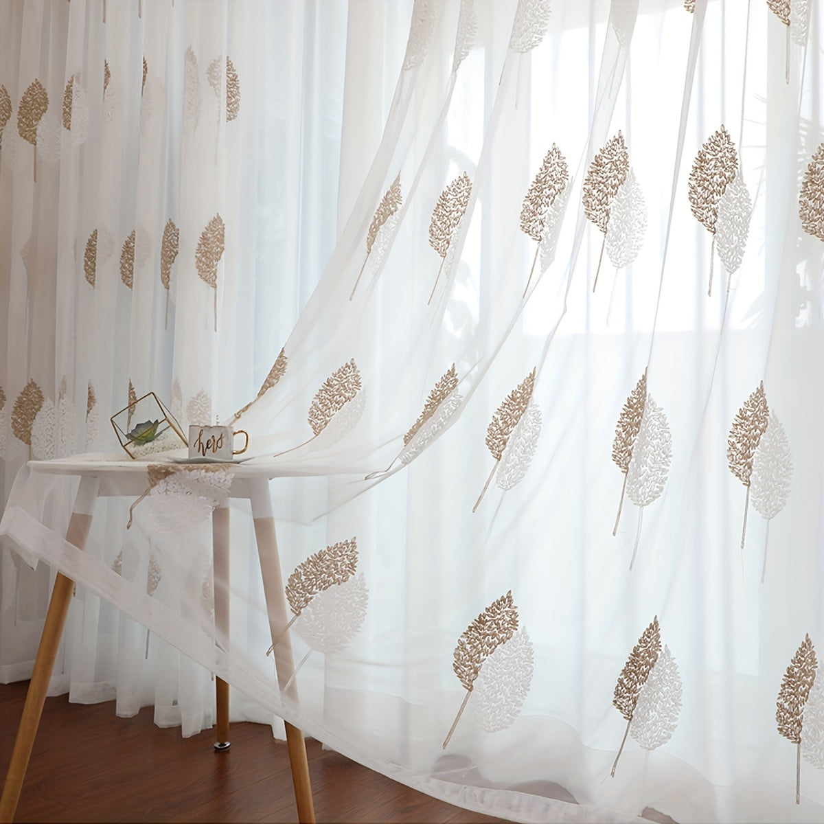 Elegant Tulle Curtain with Leaf Embroidery Translucent Rod Pocket for Living Room Bedroom
