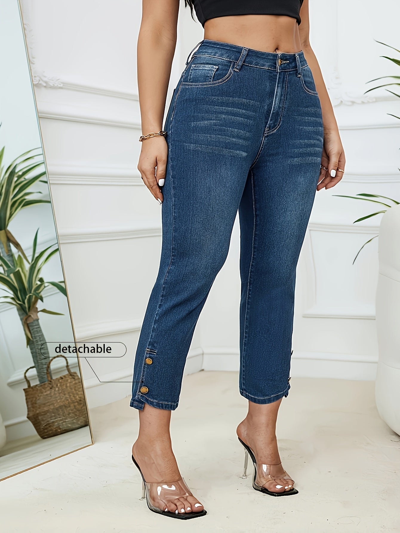 Plus Size Womens Cropped Washed Blue Denim Jeans Zipper Button Closure