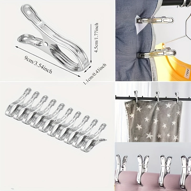 Juego de 10 pinzas de ropa de acero inoxidable grandes a prueba de viento para colgar edredones y ropa