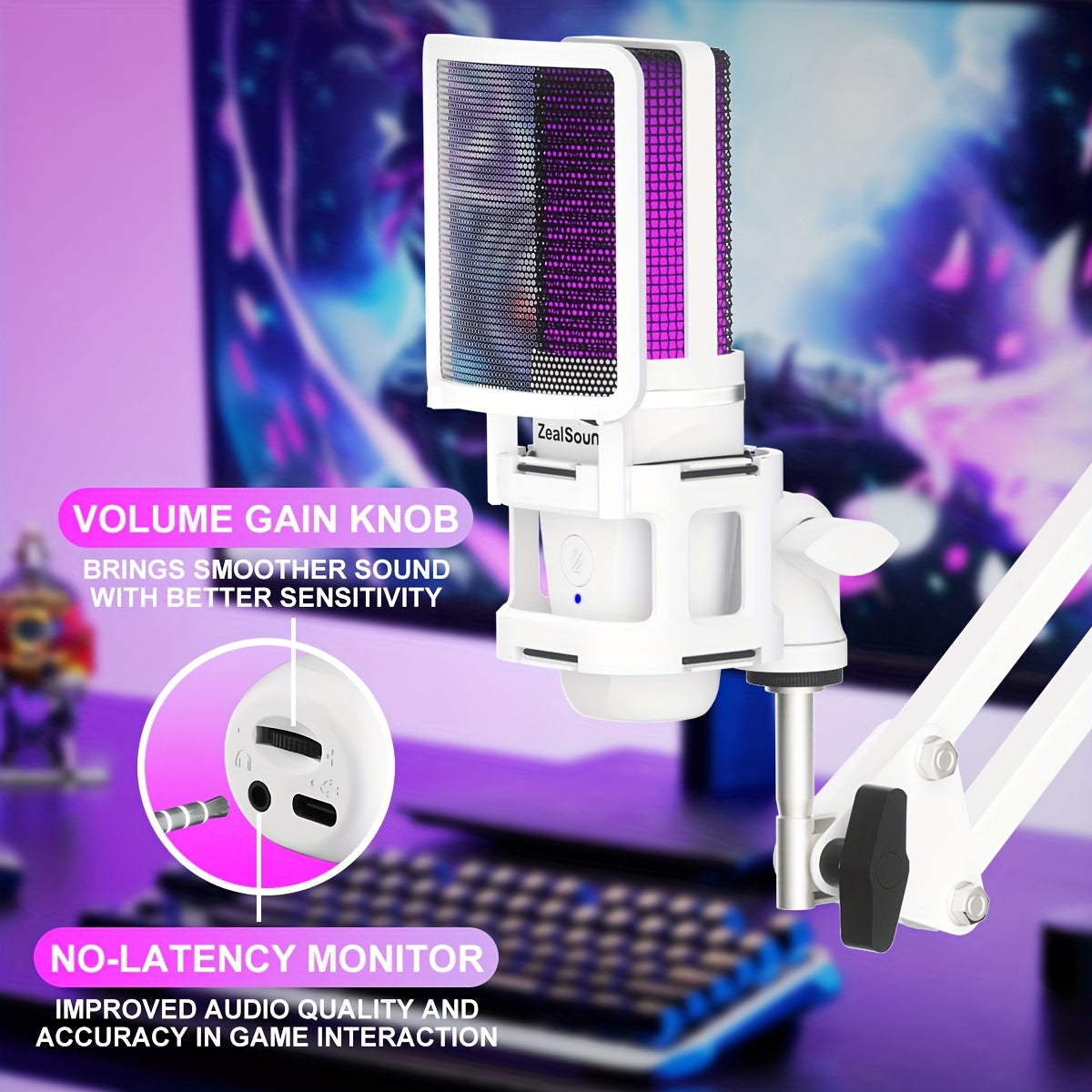 USB Gaming Microphone Kit with Boom Arm RGB Light for Streaming and PC Use
