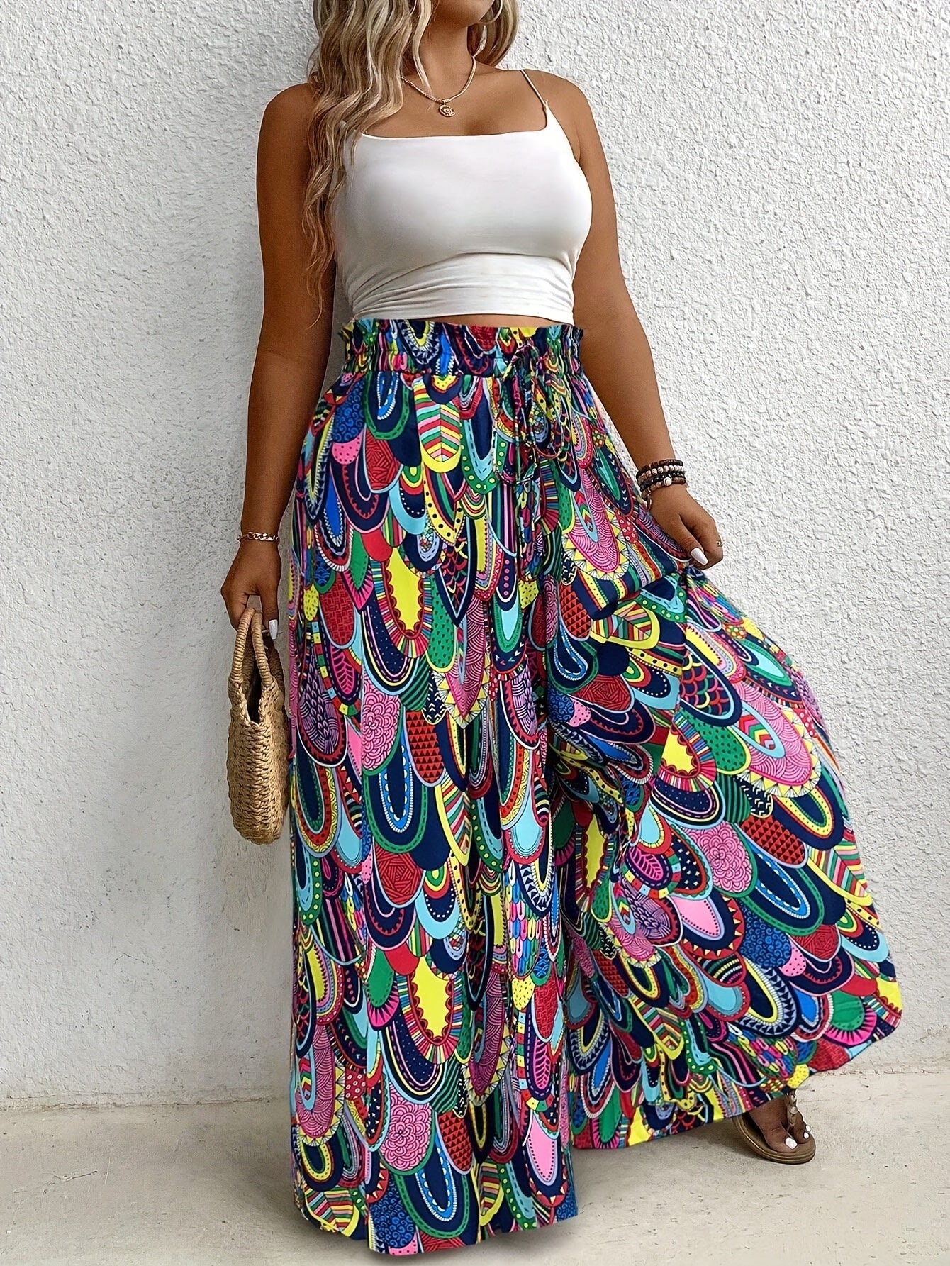 Women's Wide-Leg Beach Pants with Paisley Print Elastic Waist Casual