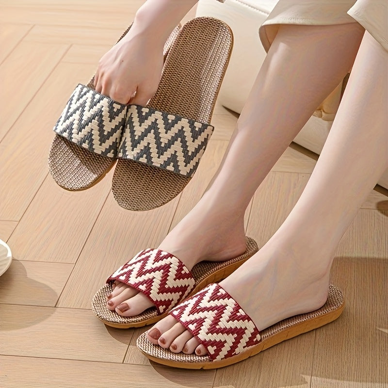 Unisex Linen Slip-On Slippers with Chevron Pattern Non-Slip EVA Sole