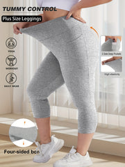 Леггинсы для женщин больших размеров с высокой талией и карманами, контроль живота, серый
