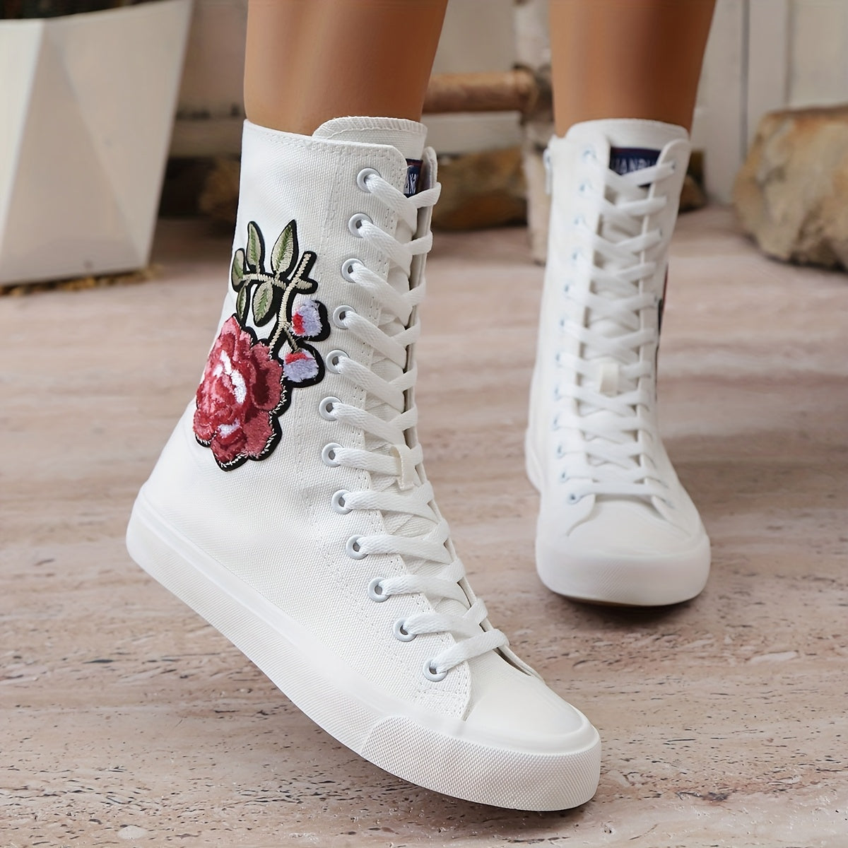 Women's Floral Embellished Mid-Calf Boots Leather Low Heel Casual All-Season