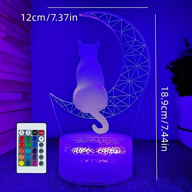 3D Moon Cat LED Night Light with 16 Colors Touch and Remote Control Warm White Base Gift