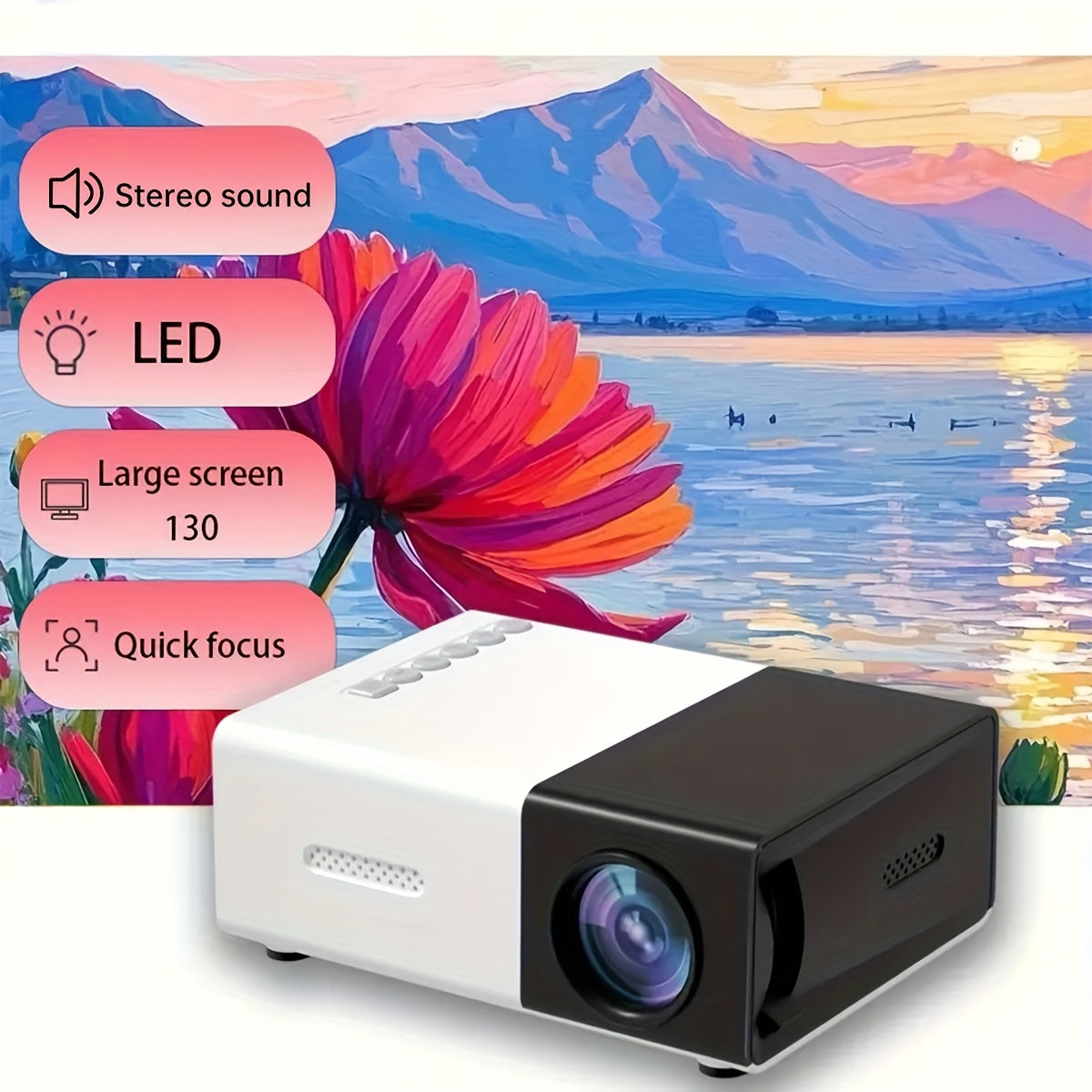 Black White LED Video Projector with Remote and Built-in Speaker