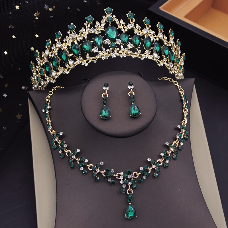 To'ylar uchun Bridal Rhinestone Crown Jewelry Set Tiara Necklace Earrings