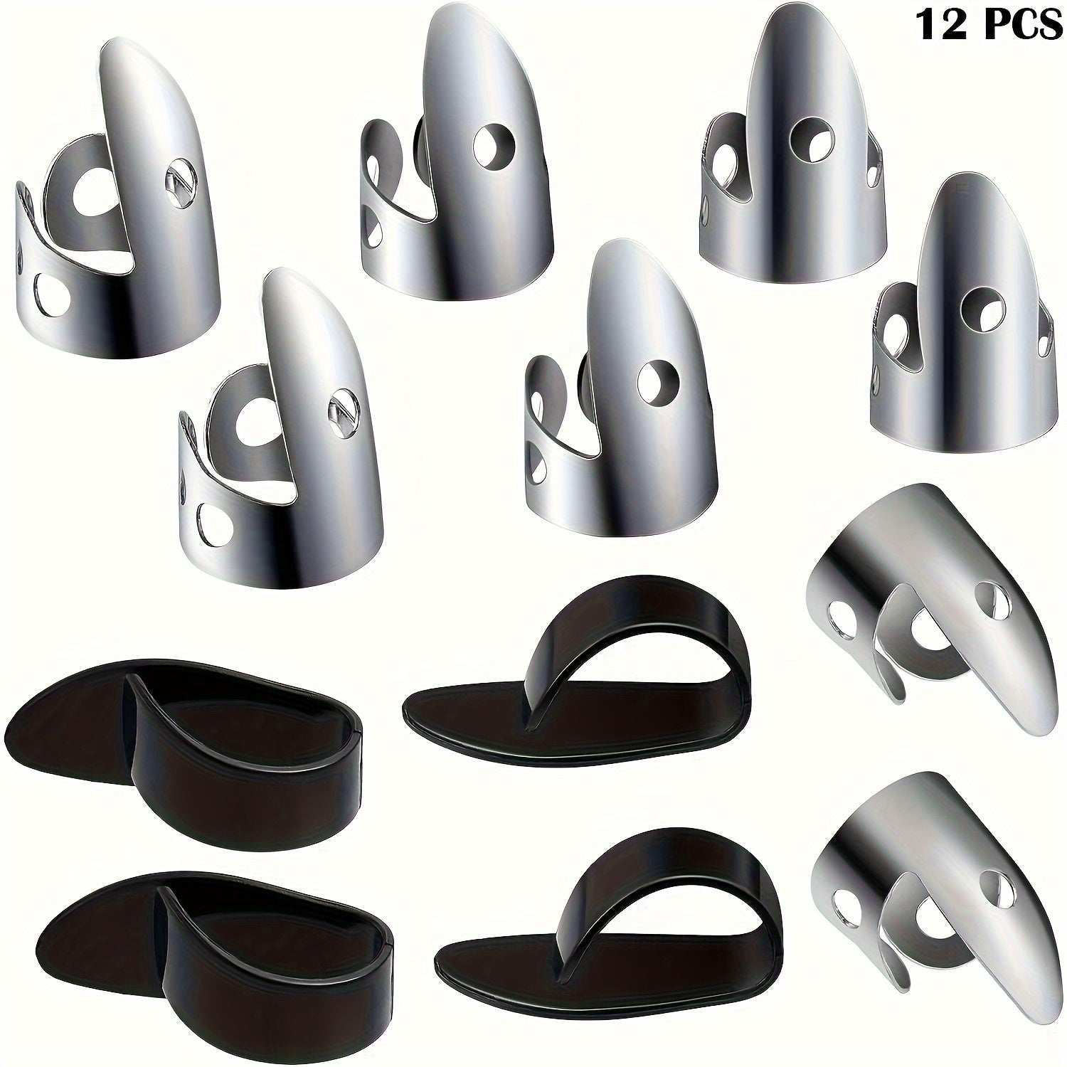 Set of 12 Stainless Steel Guitar Finger Picks and Thumb Picks Adjustable for Acoustic Electric Banjo