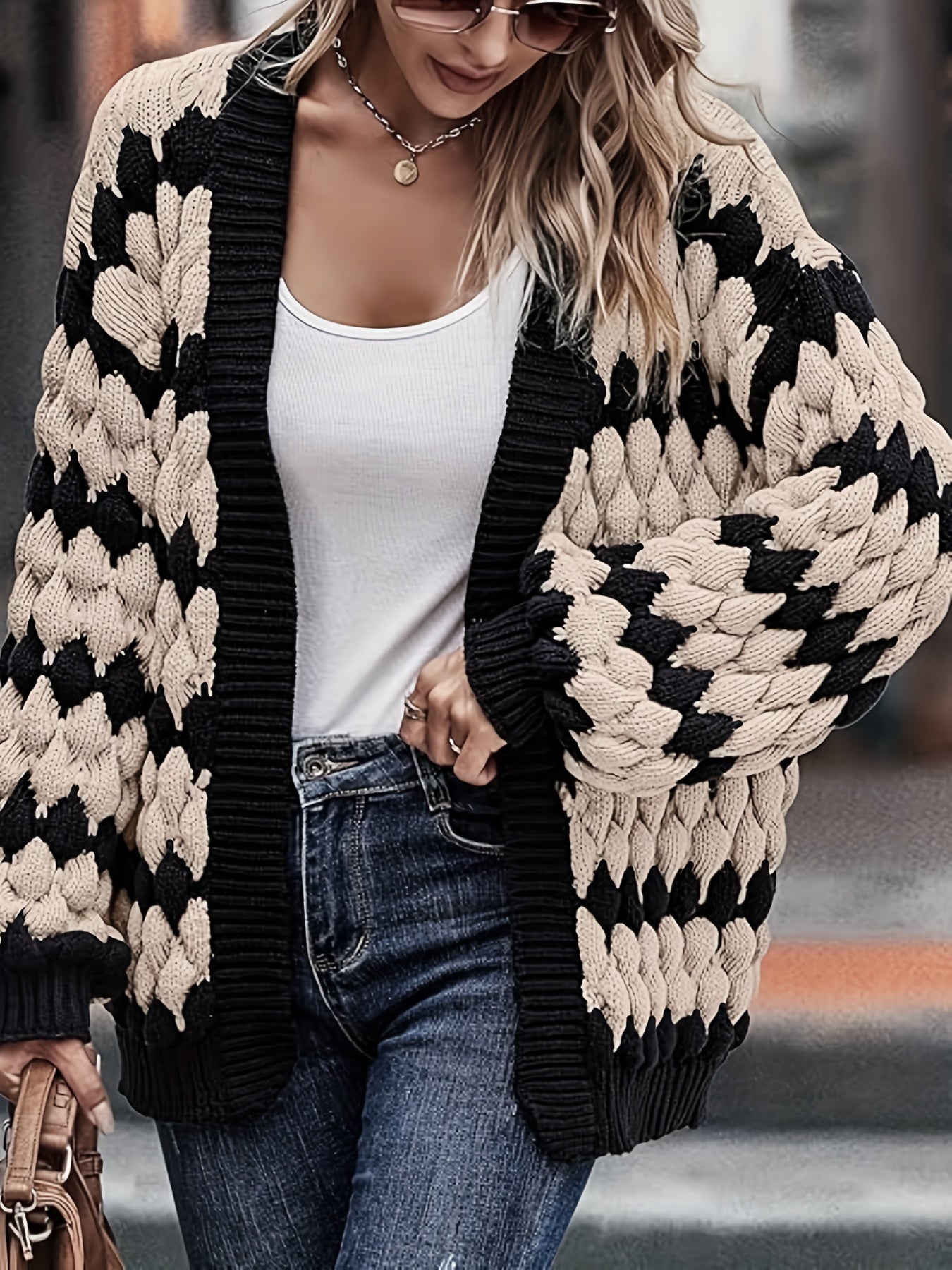 Plus Size Women's Color Block Cardigan Long Sleeve Open Front Sweater Geometric Pattern