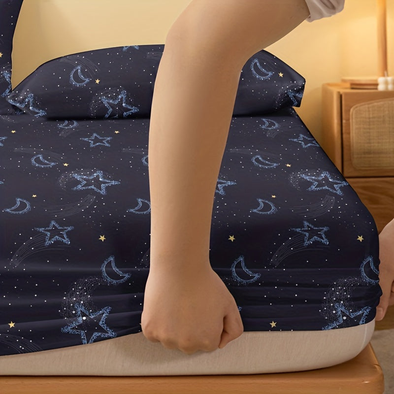 Sábana ajustada con estampado de luna y estrella cepillada para cama individual, funda de colchón de bolsillo profundo