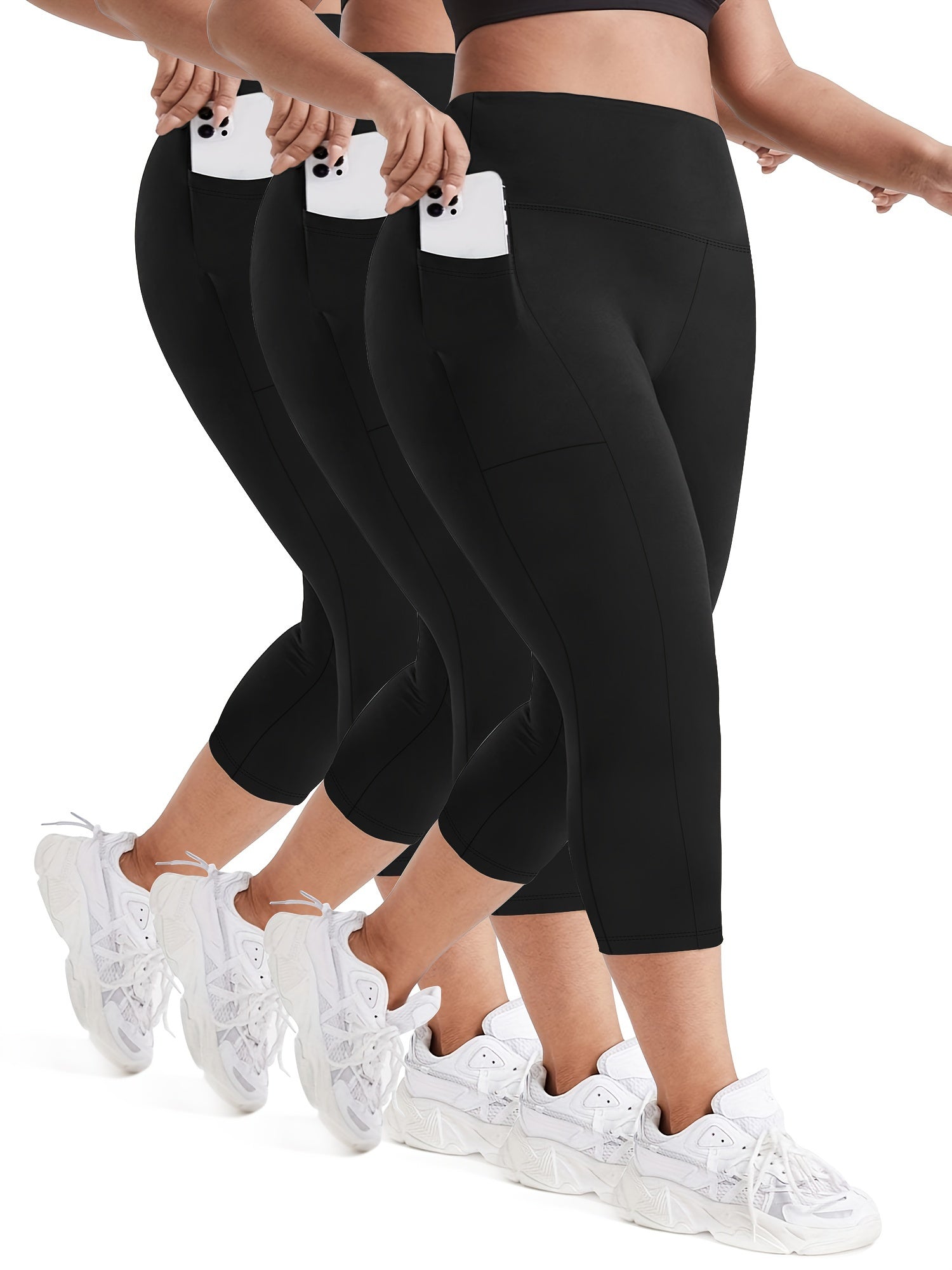 Plus Size Women Capri Leggings 3 Pack Tummy Control High Waist Pockets