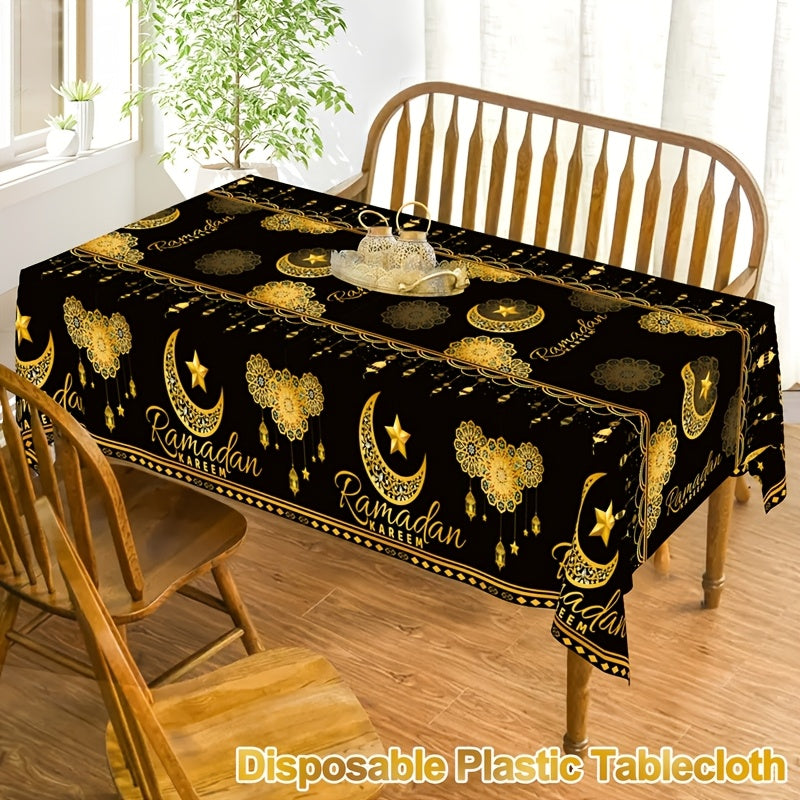 Ramadan Disposable Plastic Tablecloth Black Gold Moon Lantern Star 130x220cm for Eid Al-Fitr and Eid Al-Adha