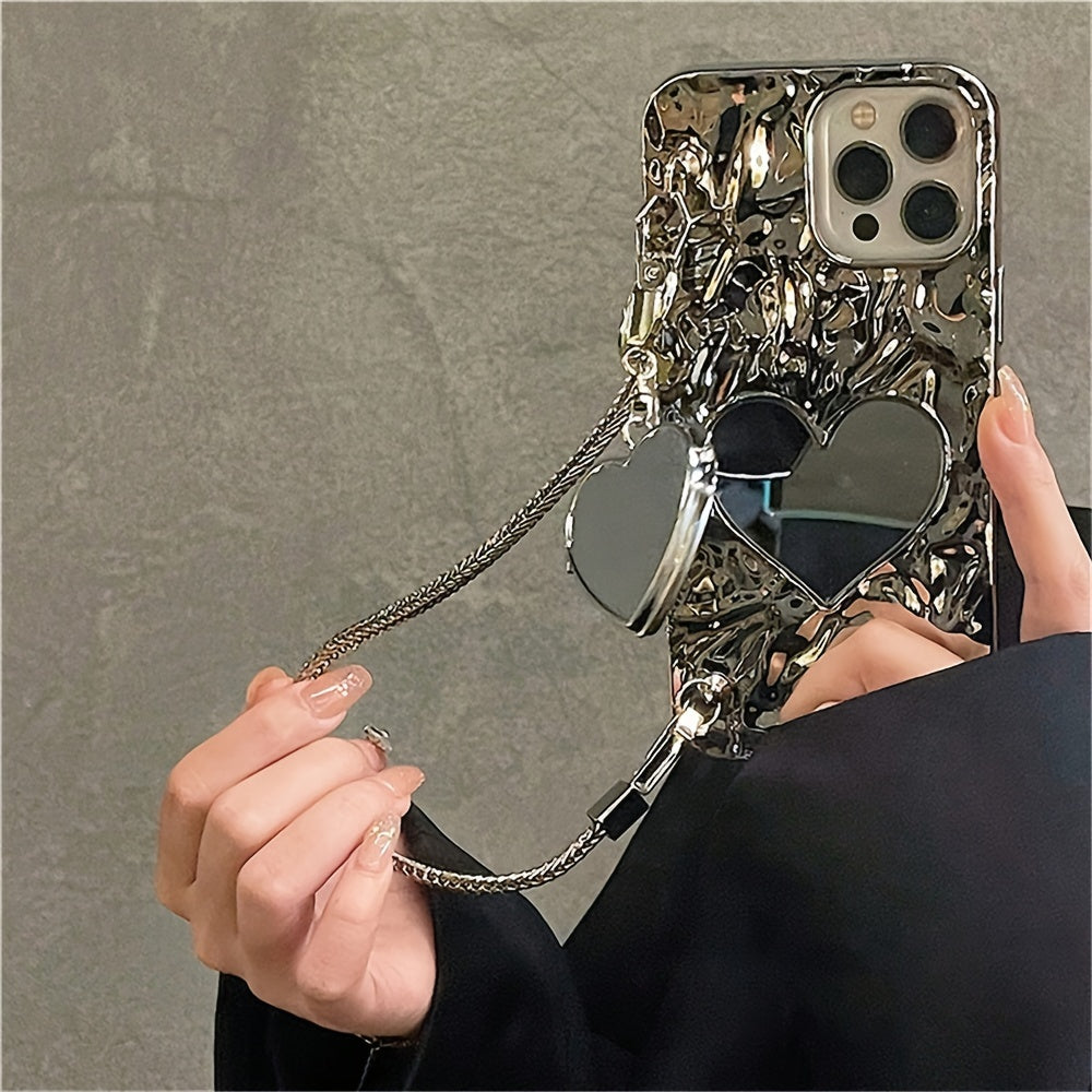 Portable Silver Heart-Shaped Mirror Bracelet Phone Case for iPhone 11-15 Pro Max