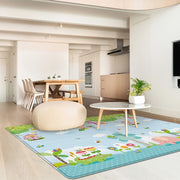 Large Blue Play Mat for Kids with Animal and Toy Design, Indoor Outdoor Use