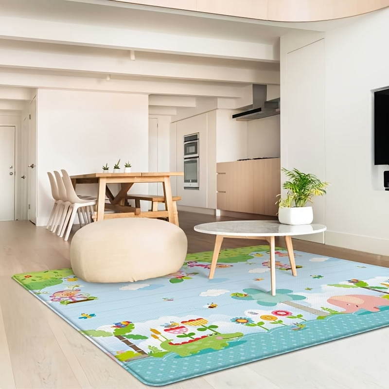 Large Blue Play Mat for Kids with Animal and Toy Design, Indoor Outdoor Use