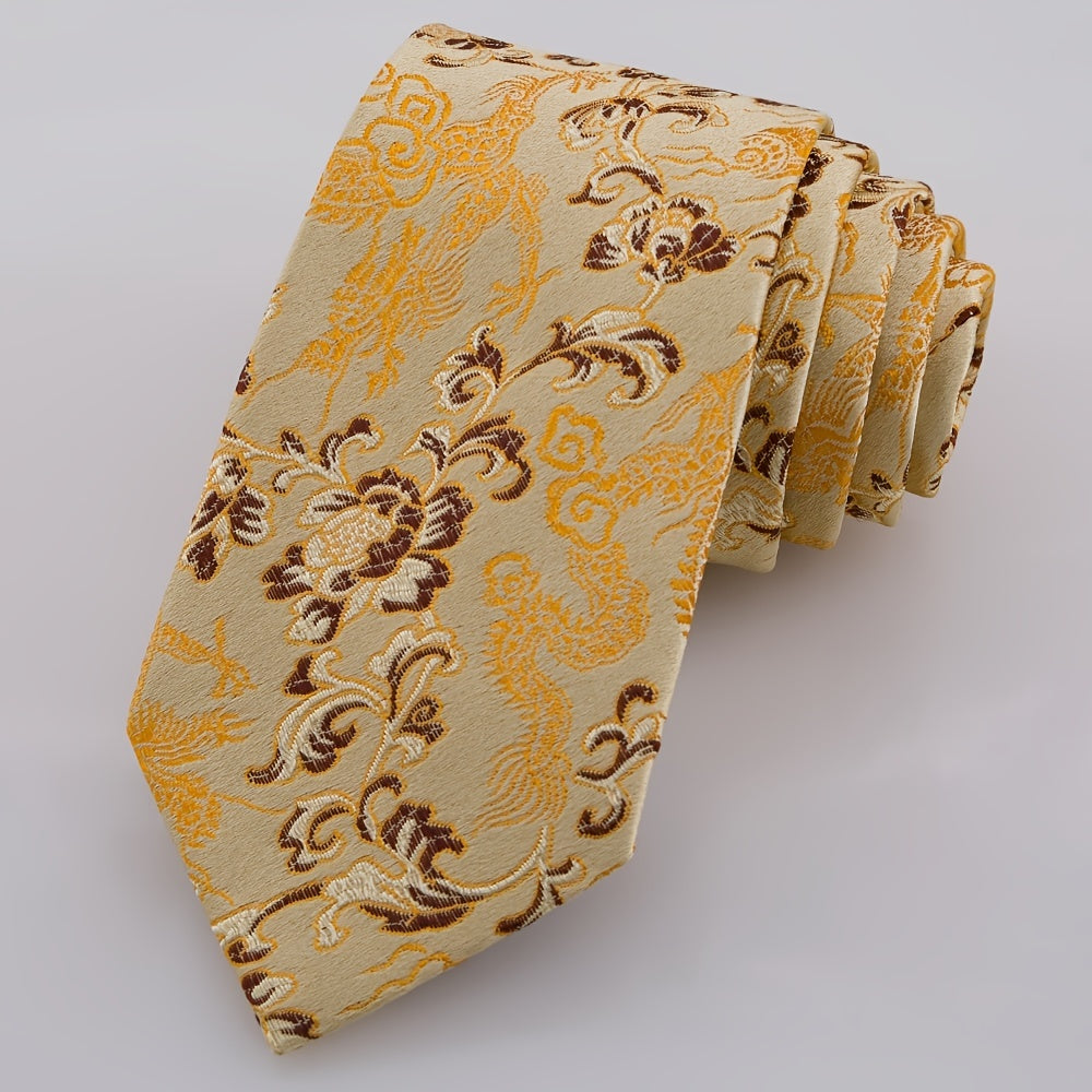 Men's Silk Tie with Hand-Embroidered Chinese Dragon and Peony Design