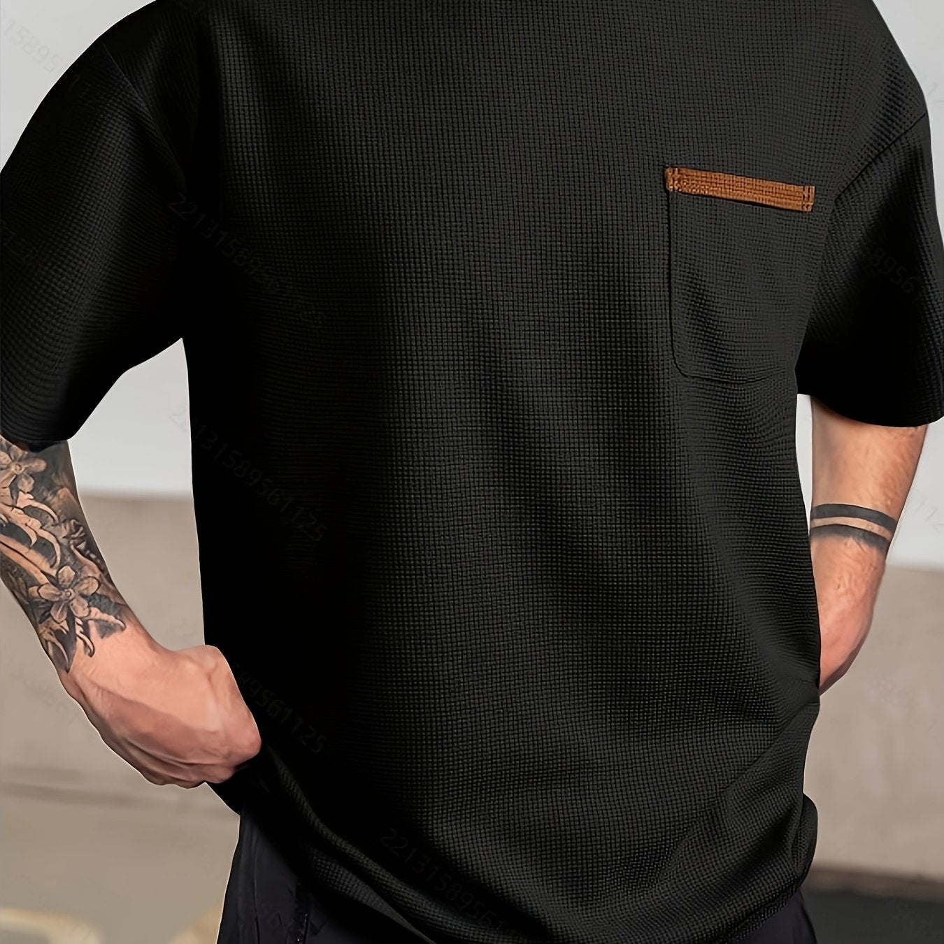 Мужская черная футболка из вафельной вязки, повседневная, с коротким рукавом, большой размер, полиэстер спандекс