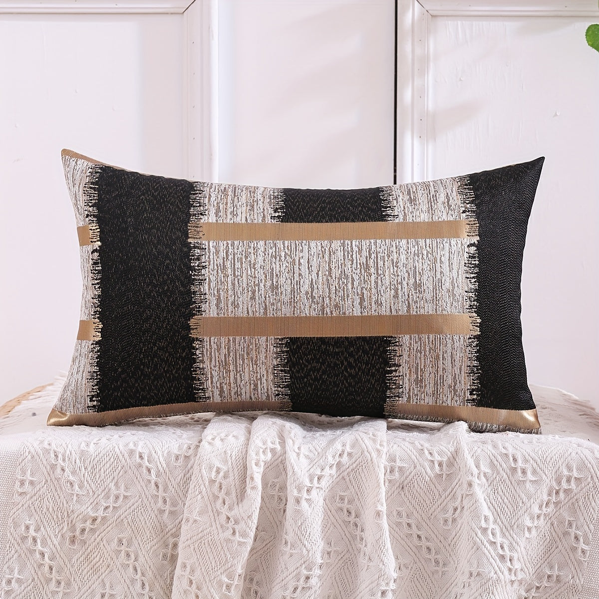 Set of 2 Geometric Pattern Silk Jacquard Throw Pillow Covers Black White Gold for Living Room Sofa Decor