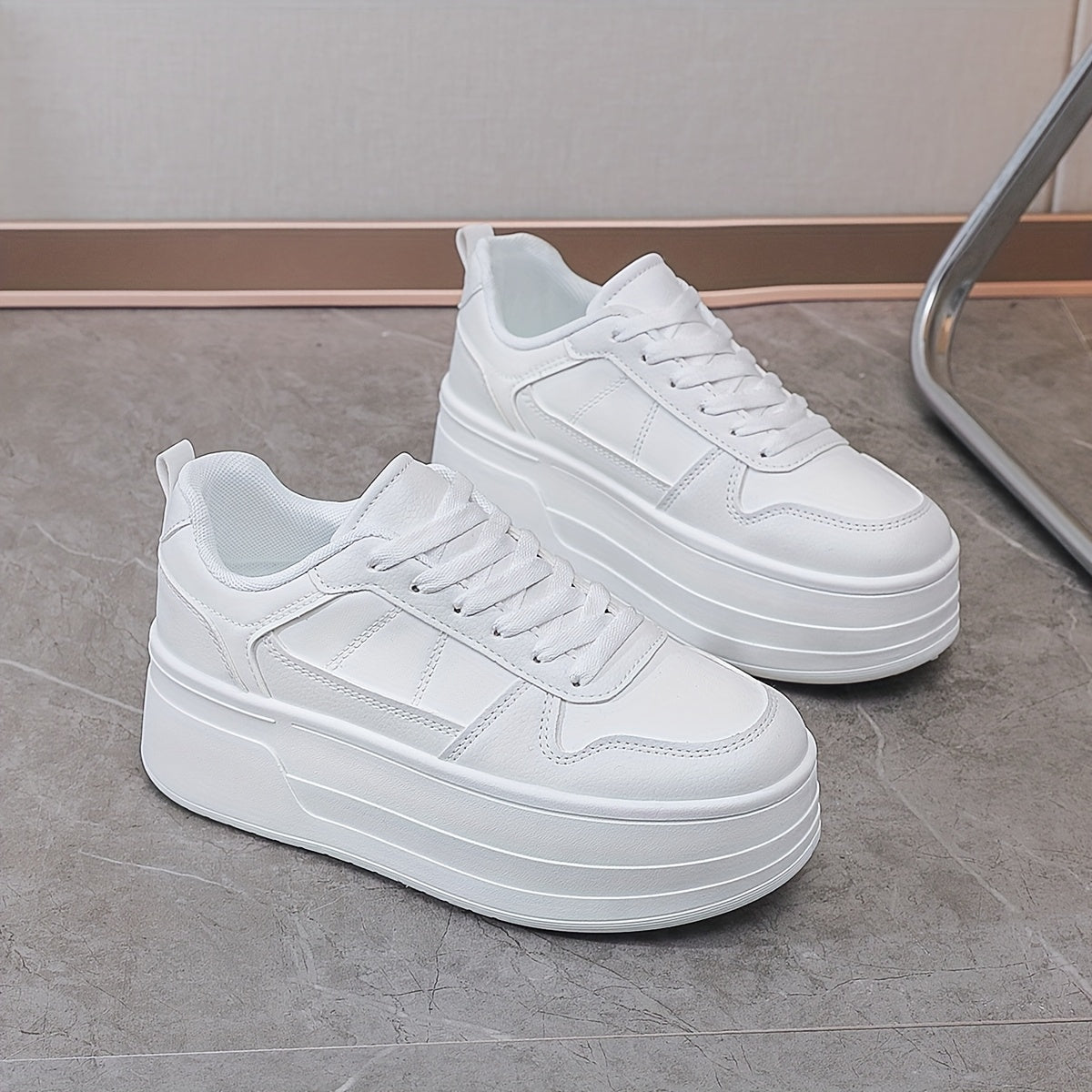 Women's White Platform Sneakers - Lace-Up, Casual Low Top with TPR Sole