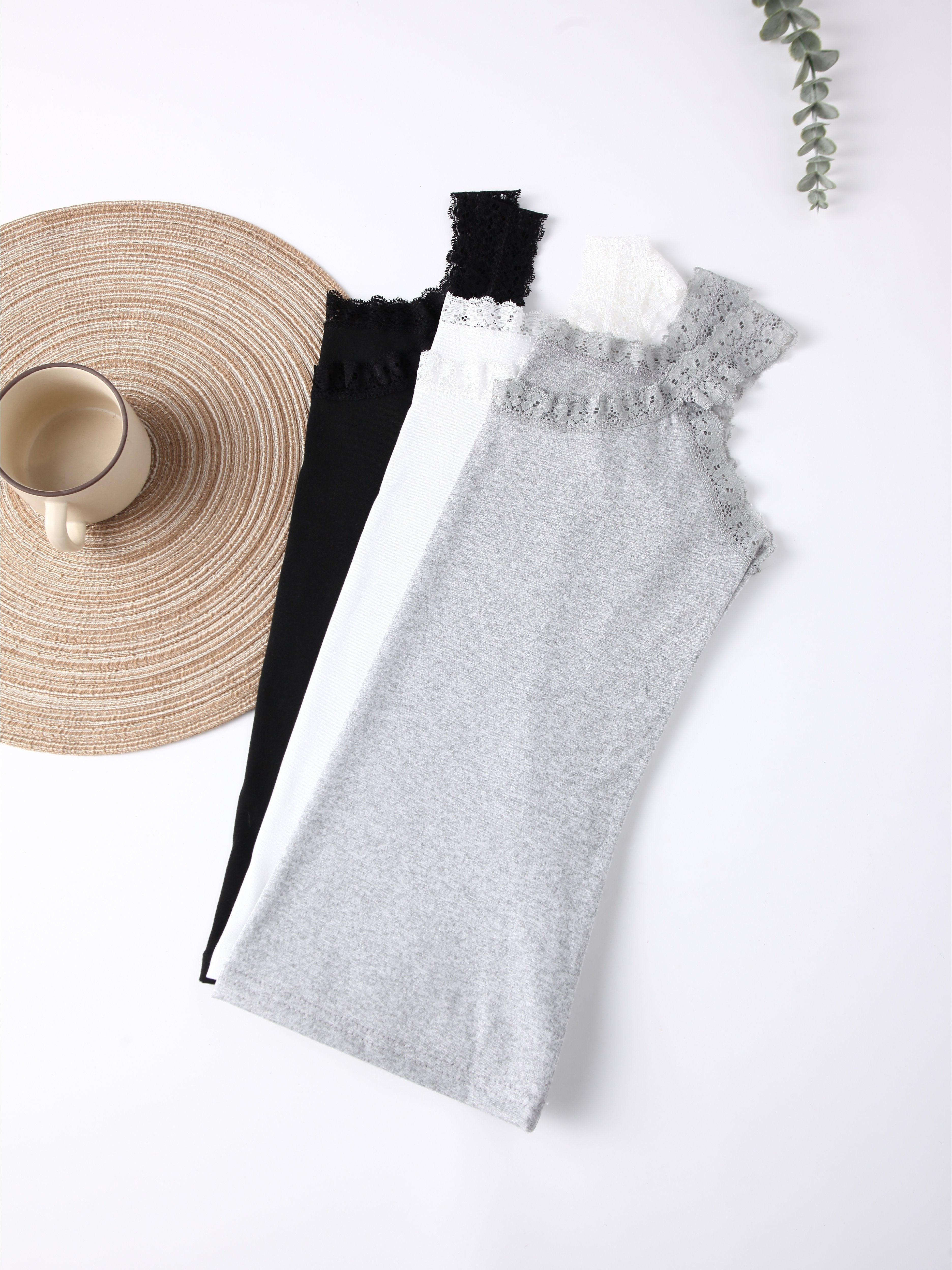 Women's Solid Color Lace Trim Tank Top Set 3 Pieces Underwear Lingerie