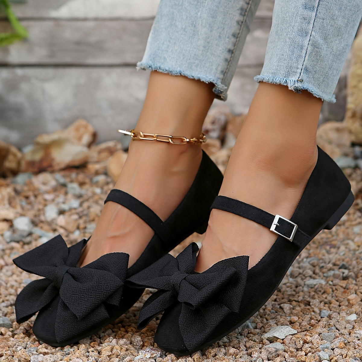 Women's Flats with Bow and T-Bar Closure Black Fabric Square Toe All-Season