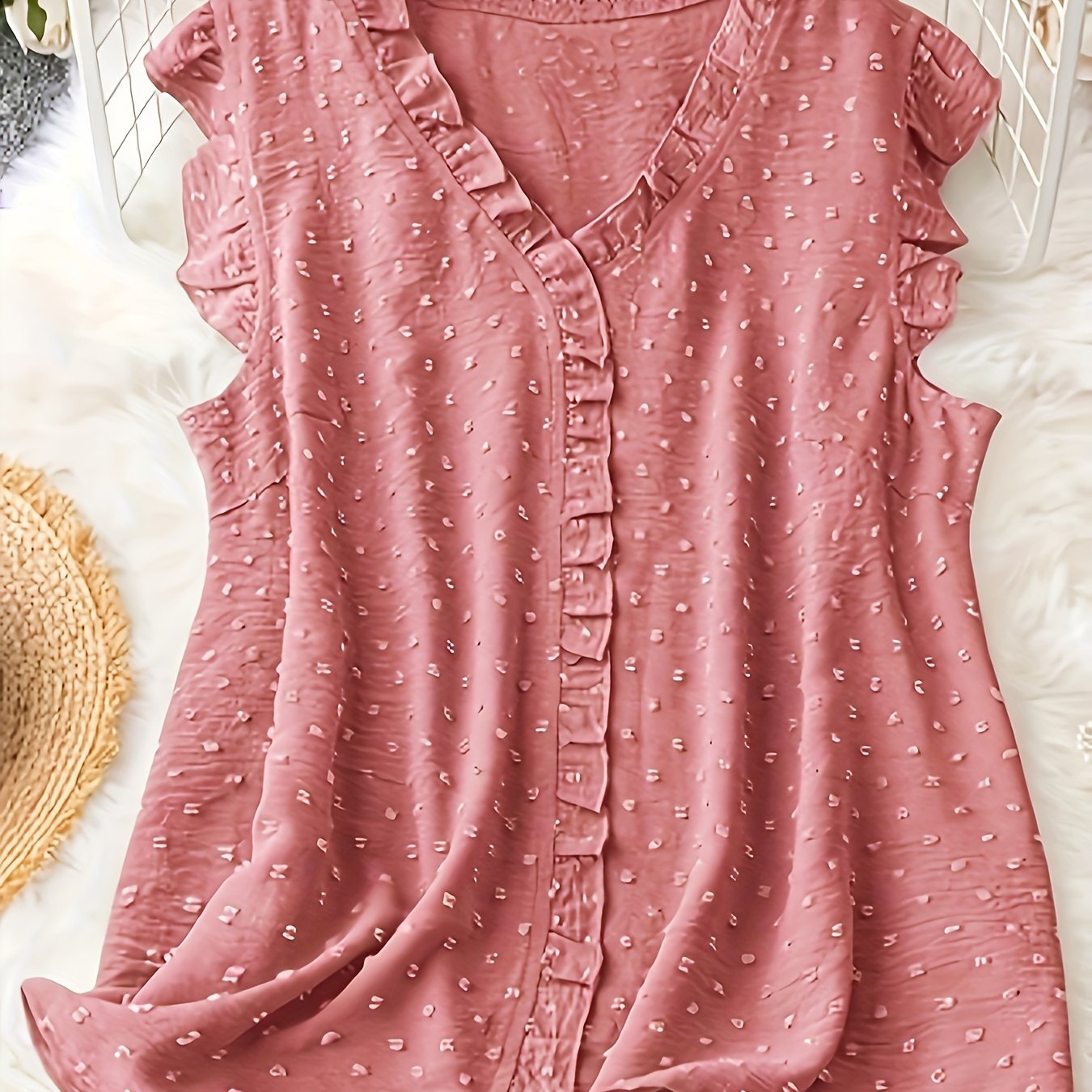 Plus Size Swiss Dot Blouse with Frill Trim V-Neck Summer Casual Women