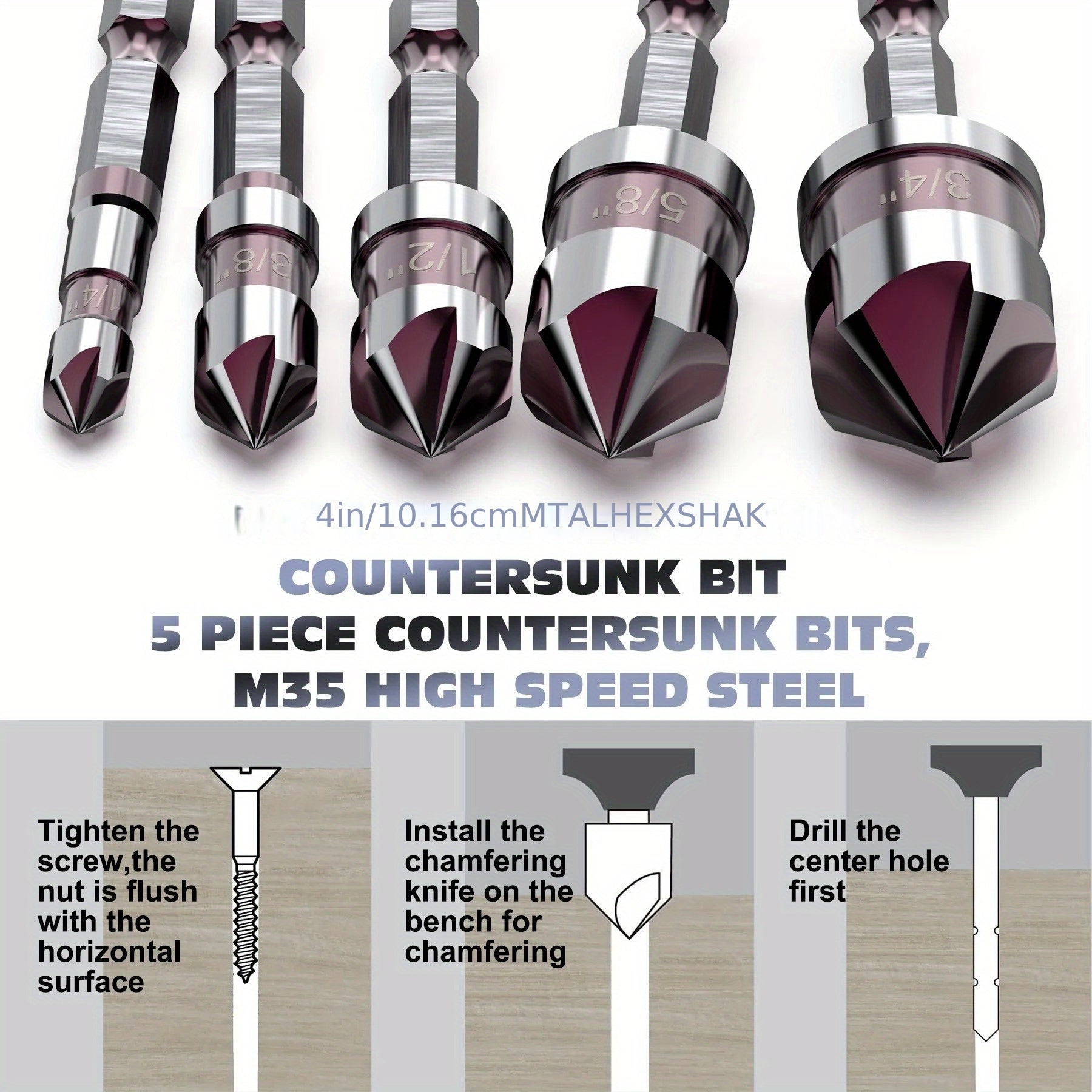 5-Piece Cobalt Countersink Drill Bit Set 82° Angle 1/4" Hex Shank for Metal Wood Plastic
