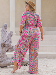 Plus Size Women's Bohemian Floral Print V-Neck Jumpsuit Long Sleeve