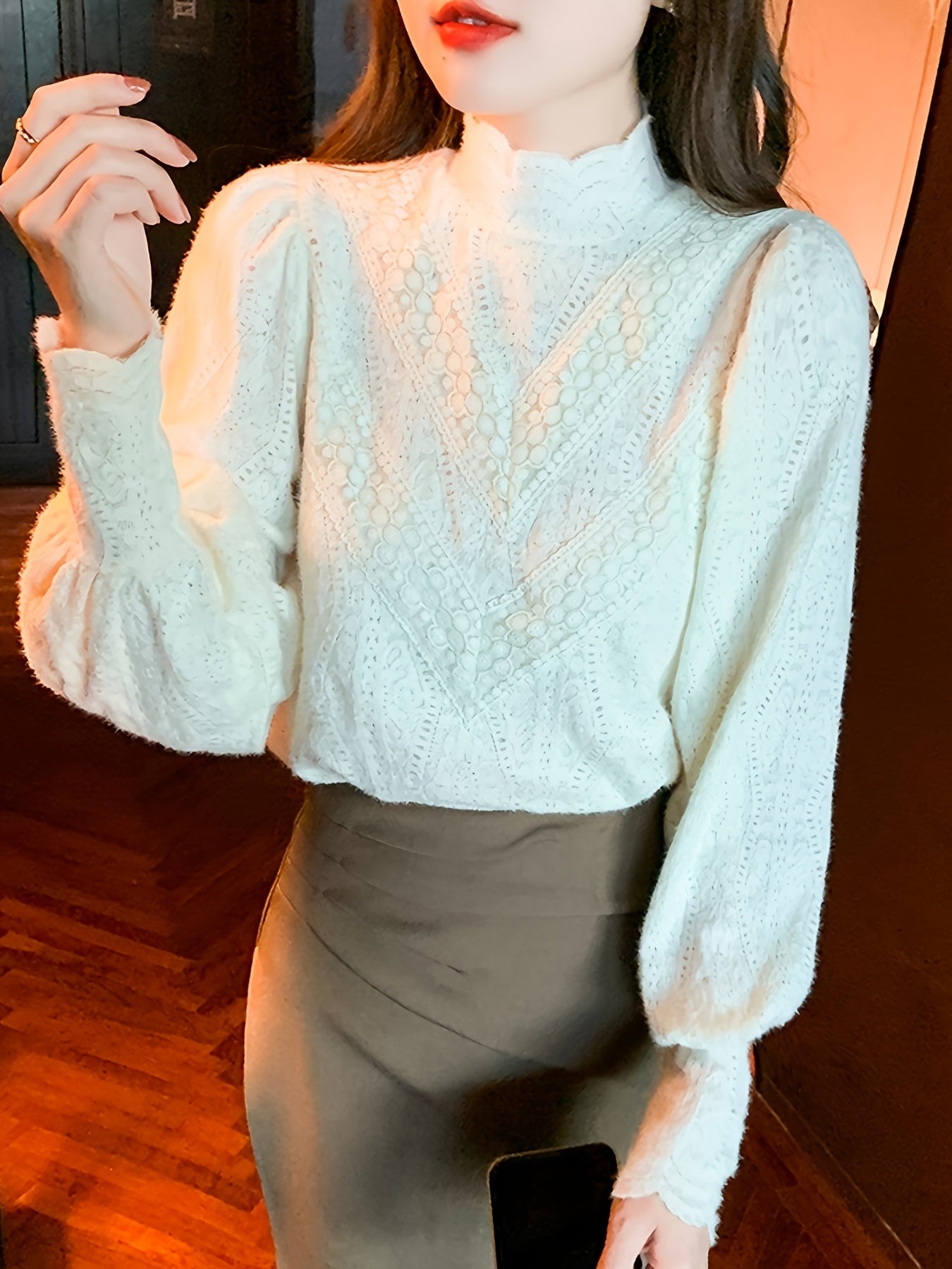 Women's Lace Blouse with Mock Turtleneck Nylon Spandex Spring Fall Casual